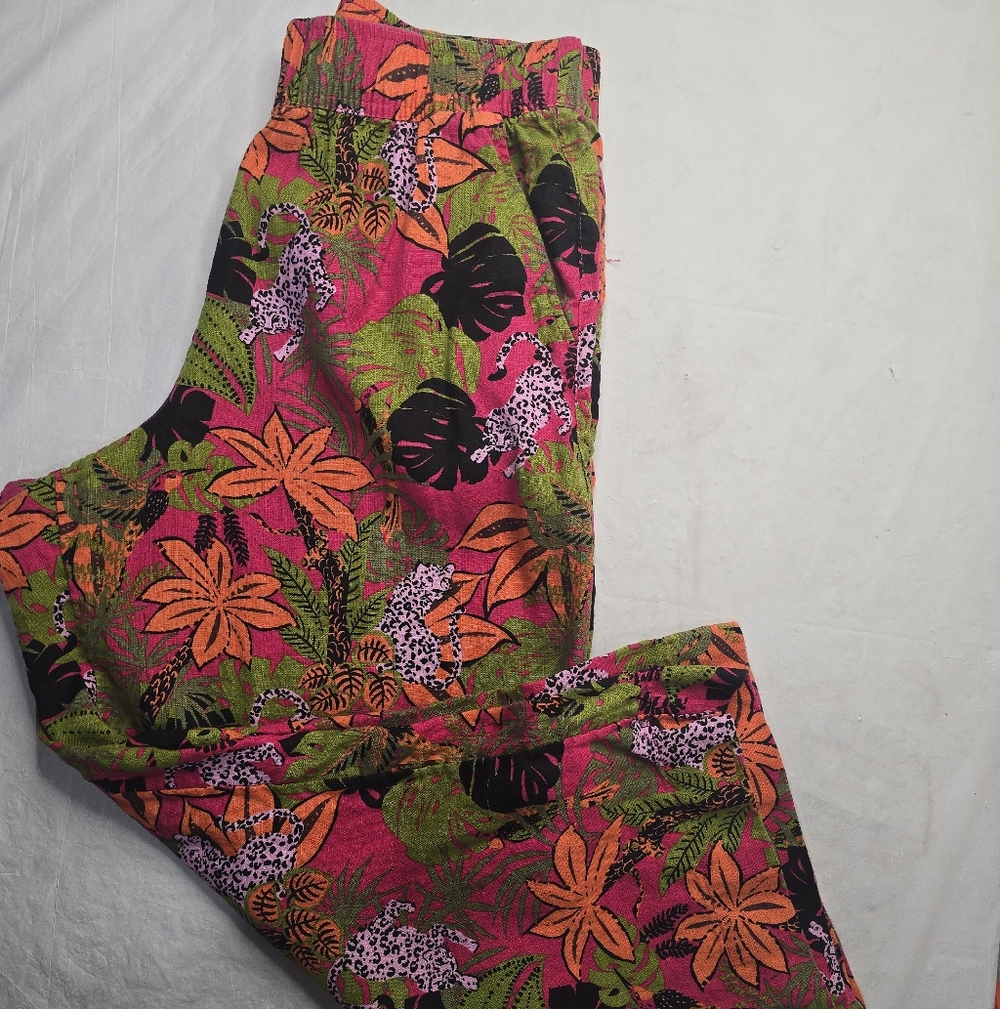 C&C California Pull On Linen Pants Wide Leg Whimsy Tropical Pink Orange Leopard